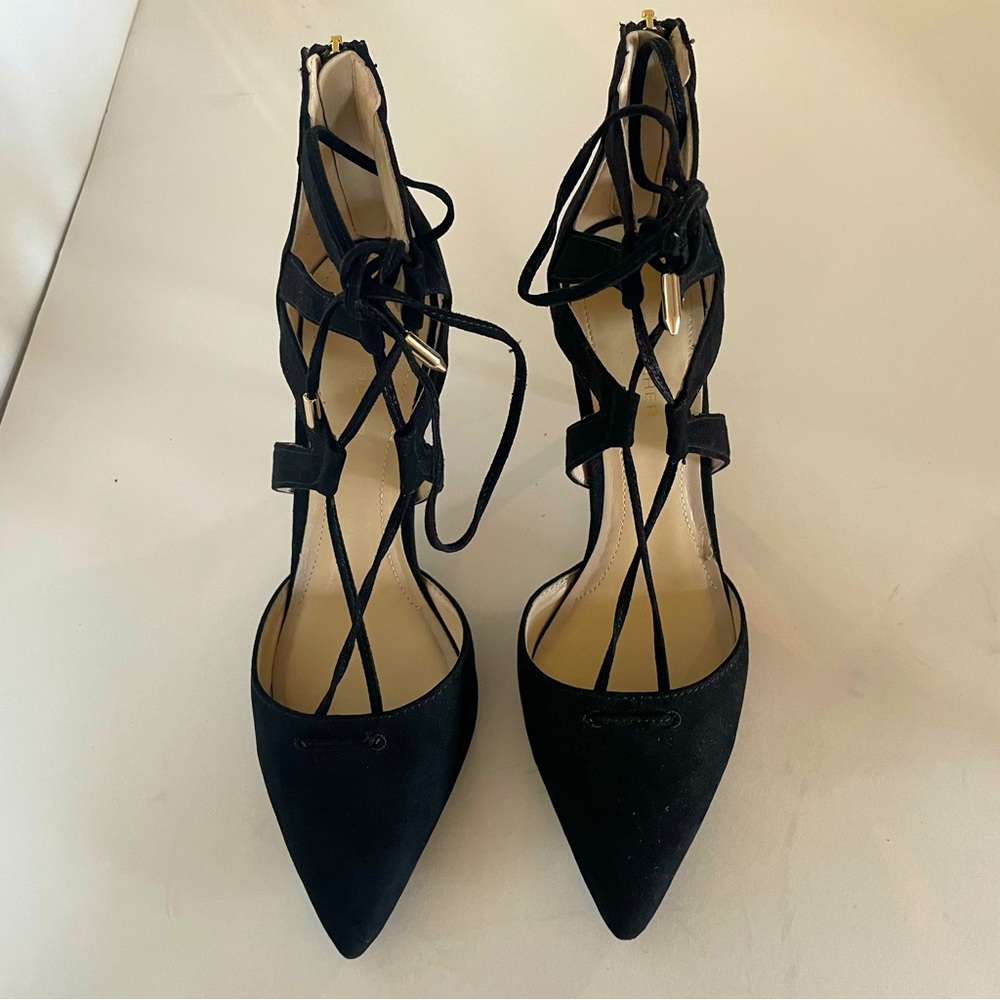 Marc Fisher Black Suede Pointed Toe Tie Up Calf Sexy Pumps Size 8